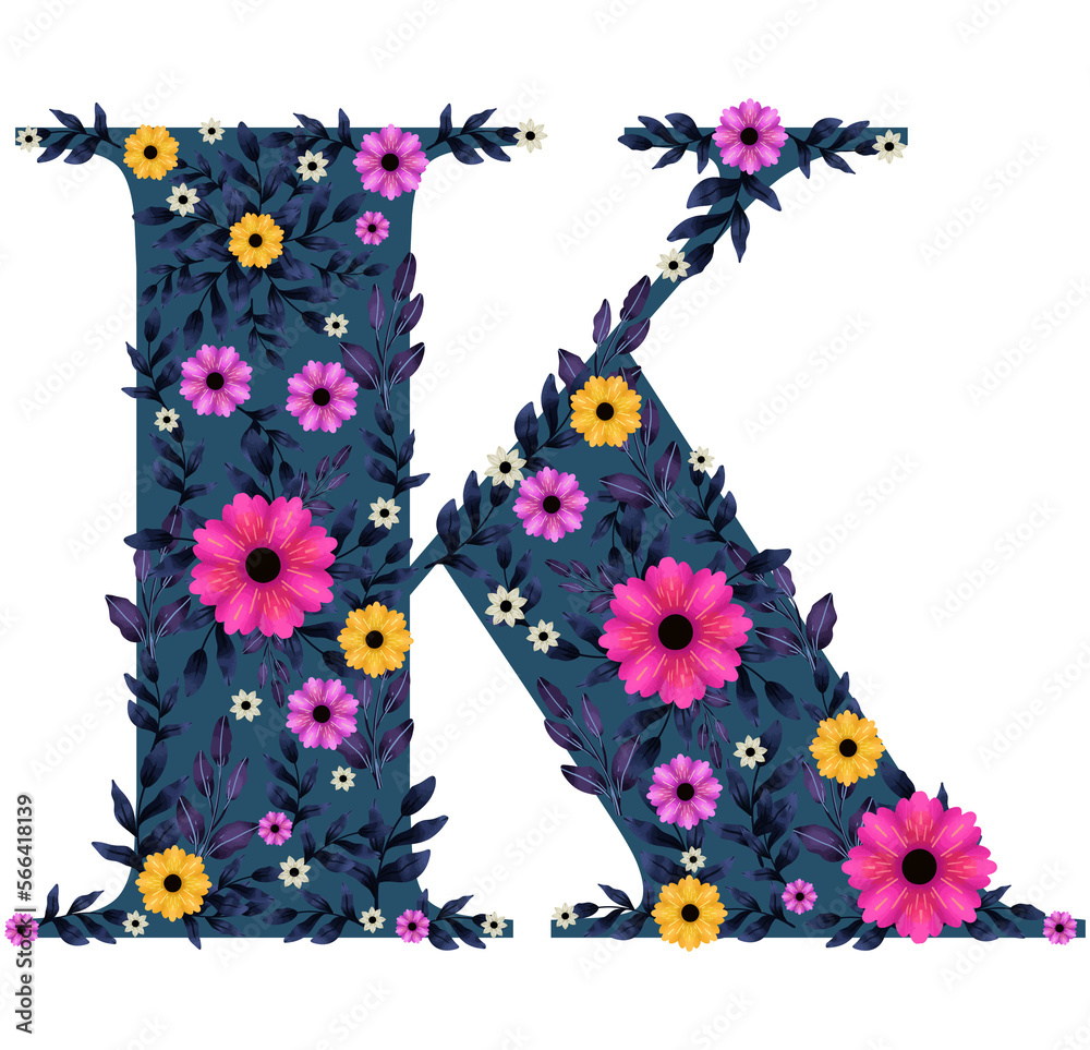 Monograma K azul con flores Letras Mayúscula Floral para Inicial