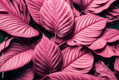 Pink plant leaves background, floral tropical pattern for wallpaper, generative AI
