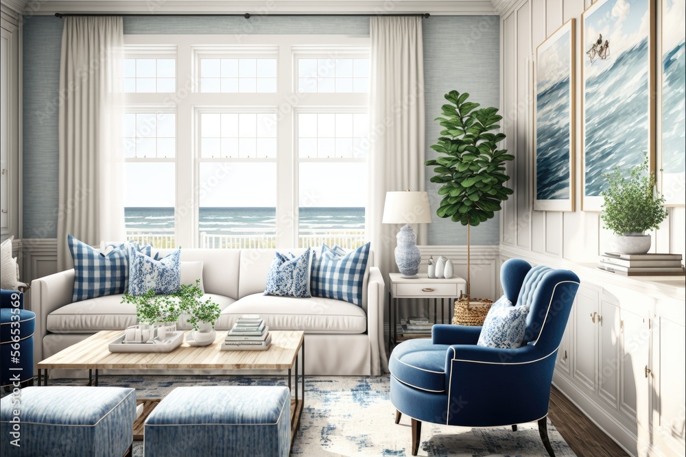 Coastal Living Room Interior Design With A Blue And White Color Scheme