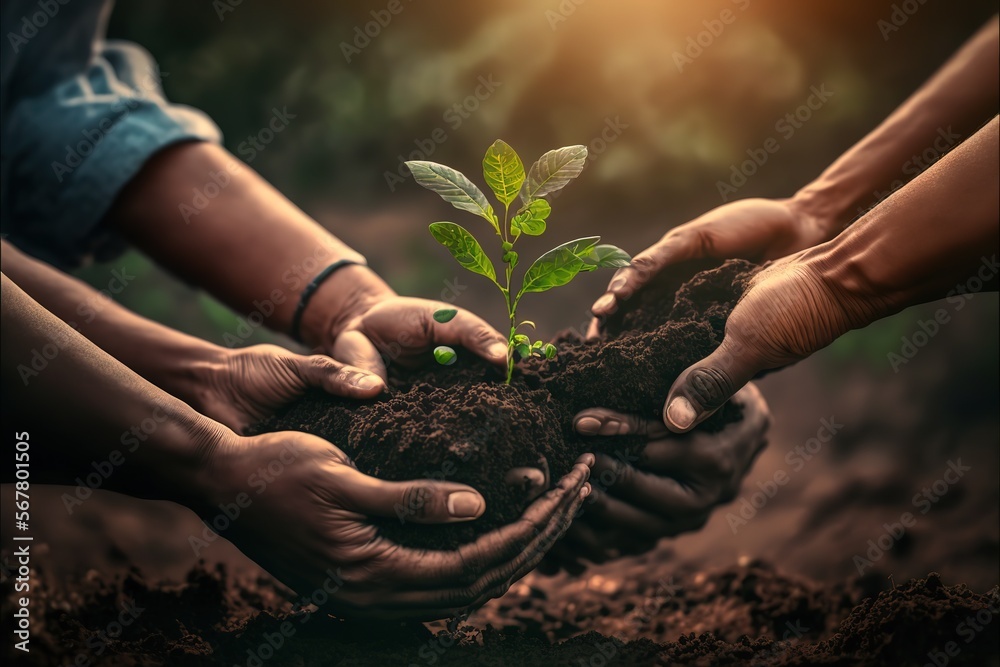 Agriculture Teamwork Farmers Team Hands Plant A Small Plant In The