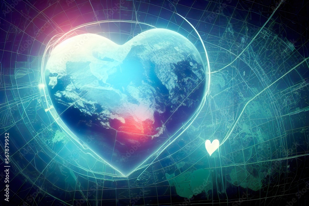 Planet Earth With Heart Shape In A Grid Blue Space Background Created