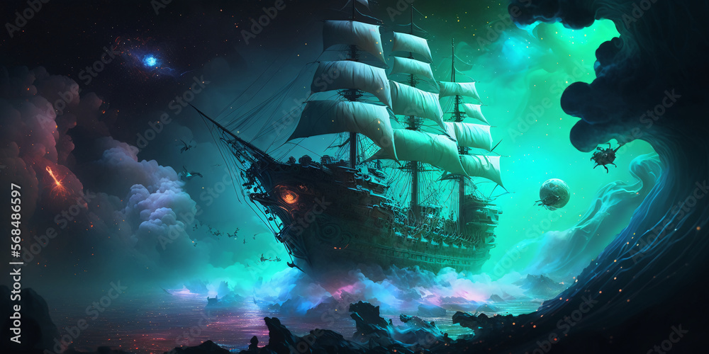 Pirate Ship Trapped In A Cosmic Maelstrom Nebula Generative AI Stock