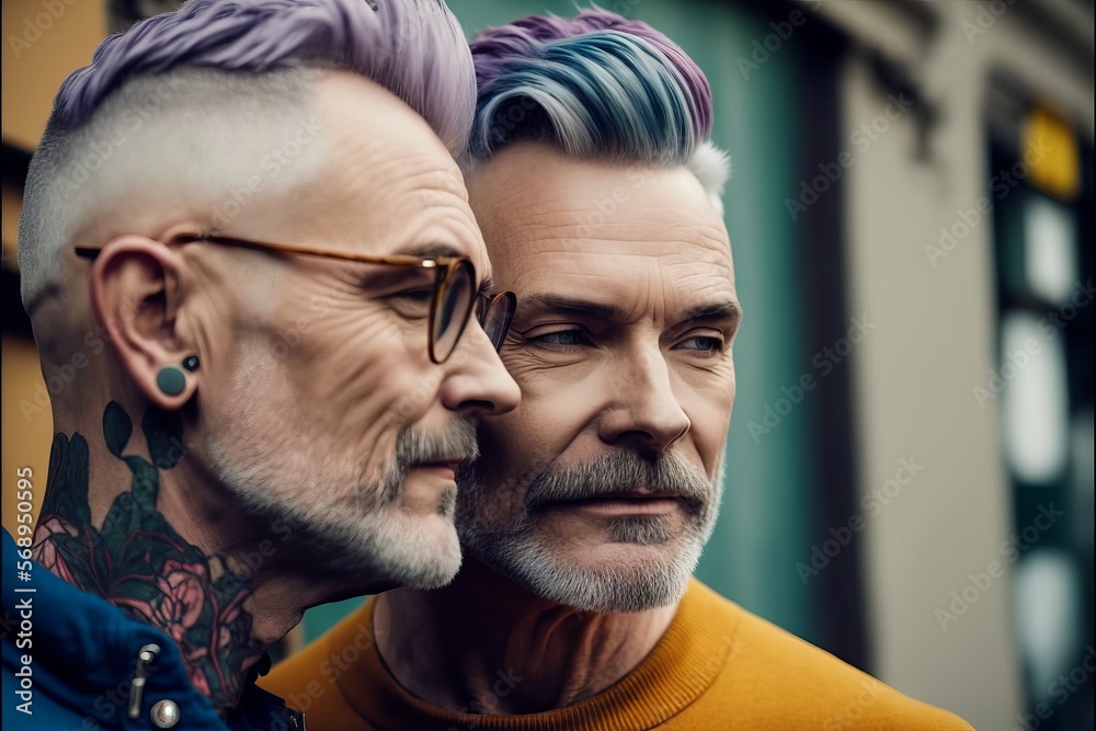 Middle Aged Fashionable White Gay Couple Deep In Love And Intimate