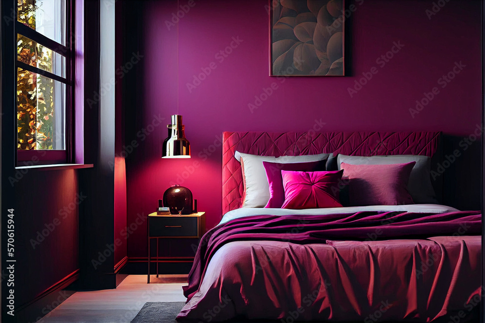 Bedroom In Viva Magenta And Dark Burgundy Colours Interior Design