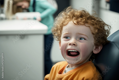exaggerated depiction of small child panicking and scared of dentist or doctor, anxiety patient crying, little boy with glassy eyes and mouth open screaming. Generative AI