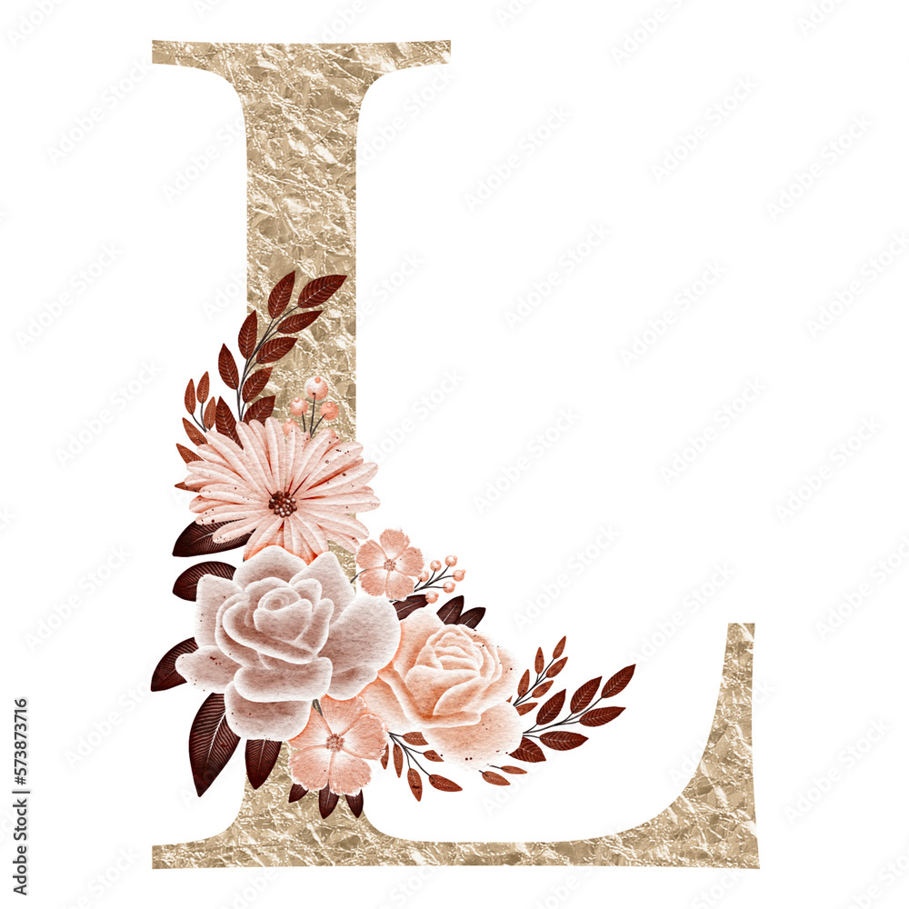 Floral Alphabet Gold Letter L With Watercolor Flowers And Leaf Stock