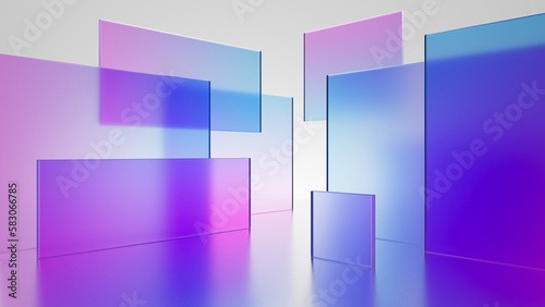 3d render, abstract geometric background, translucent glass with violet pink blue gradient, simple square shapes