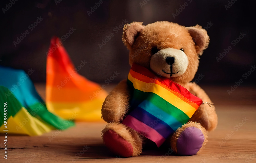 Cute Teddy Bear With Lgbt Or Gay Flag On Table With Big Copy Space Left To Add Elements Concept