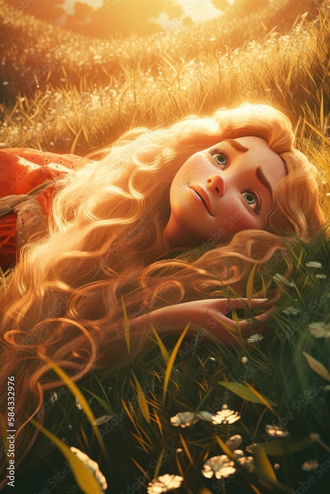 Princess Laying Gras Closeup Woman Grass Head Tilted Side Concept Long