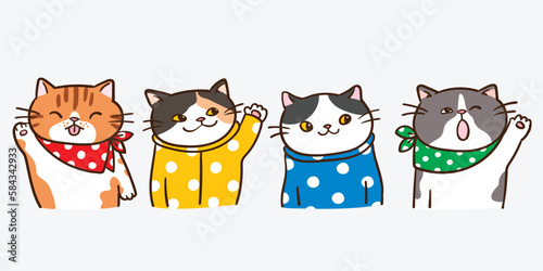 Vector Illustration of 4 Cartoon Cat Characters on Isolated Background