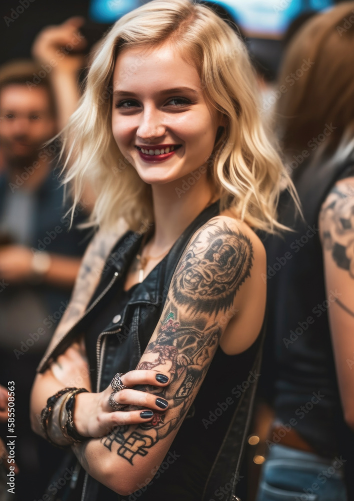 Blonde Biker Girl With Tattoos Wearing A Leather Jacket At A Rider Gathering Ai Generated Stock