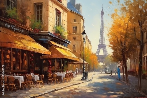 painted illustration of street view in paris, with the eiffel tower in the background, generative ai
