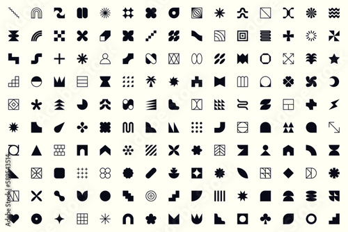 Mega geometric and abstract shapes collection. Abstract symbols set. vector elements. Geometric icons. Isolated modern signs. Neo geo art. Swiss style. Bauhaus influence. Neo minimalism.