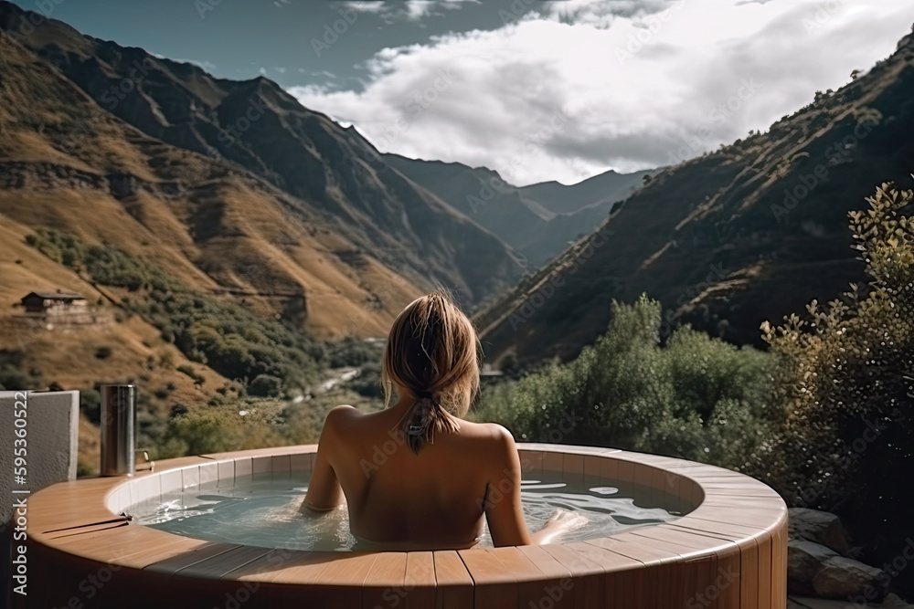 Naked Woman Takes A Bath Outdoors Rear View Outdoor Jacuzzi With Mountains View Lounge Zone