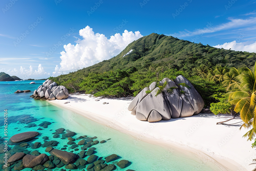 Paradise Beach Of A Tropical Island Palm Trees White Sand Azure