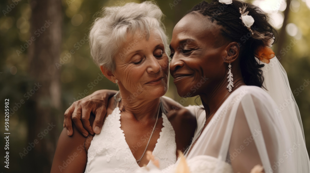 Old Women Lesbian Couple Marrage Black And Caucasian Female Bride In