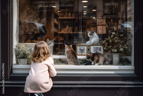 child from back view window shopping - cats inside the window