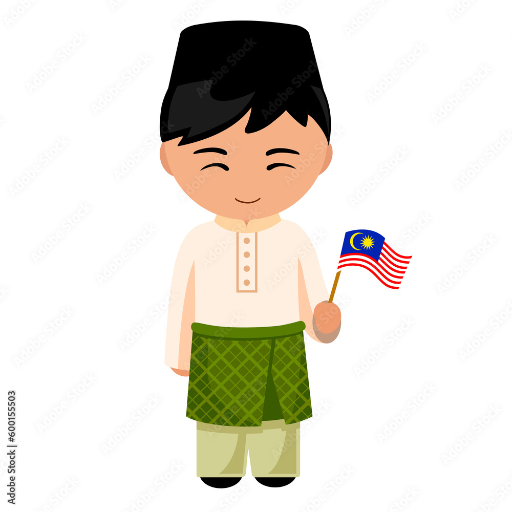 Man In Malaysian National Costume Male Cartoon Character In