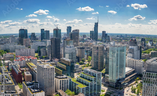 Panoramic. view of modern skyscrapers and business centers in Warsaw. View of the city center from above. Warsaw, Poland.