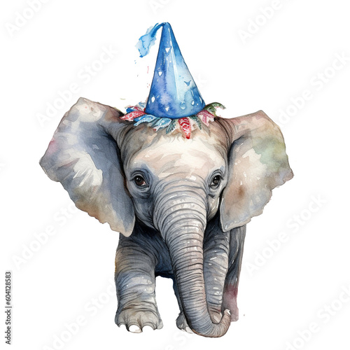 portrait baby elephant wearing party hat on head in watercolor for birthday greetings