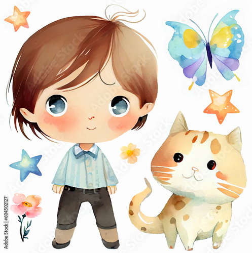 Cute cartoon little anime boy with cat and butterfly. Set of watercolor elements for your design. AI generative