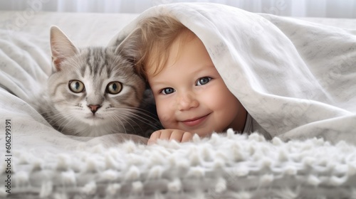Cute baby with cat on bed at home. AI generative image.
