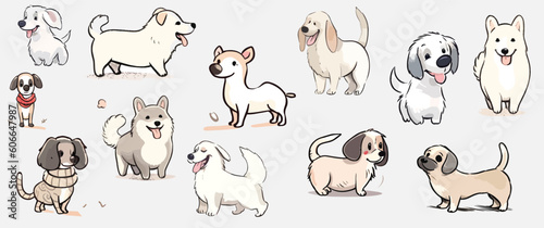 Different poses cute baby dogs vector collections isolated white background. Happy emotion of Pets set design.