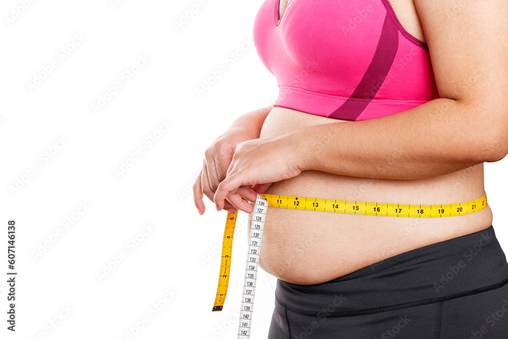 Fat Woman Measuring Her Stomach Isolated On White Background