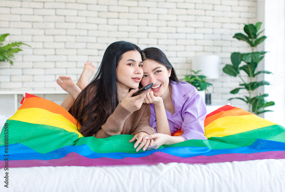 Two Asian Beautiful Female Lesbian Girlfriends Lover Couple In Casual Outfits Laying Lying Down