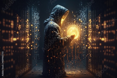Cybersecurity, computer hacker with hoodie, vulnerability and hacker,coding,malware concept on server room background, metaverse digital world technology, breaks binary data.