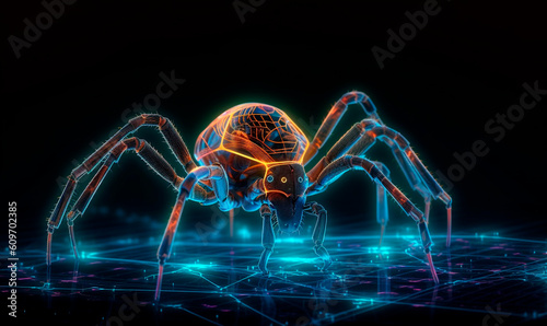 Cyberspider on digital glowing web background. Purple 3d techno insect with yellow force field creates glowing generative AI network to protect and hack system