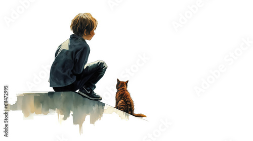 watercolor vintage illustration for a children's book about two ginger friends - a boy and a cat. AI generated.