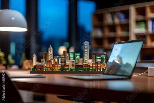 workplace of a specialist of a construction company or a real estate agent, large window with a view of the city in the background. Generative AI
