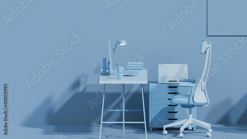 Blue monochrome minimal office table desk. Concept for study desk and workspace with screen desktop. Flat lay style. Mockup template. 3d render