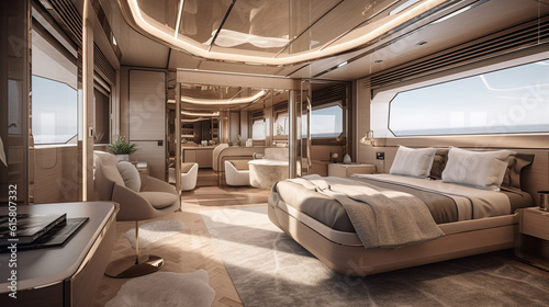 the interior of a luxury yacht with a bed, desk and tv set up in front of the window looking out to the ocean