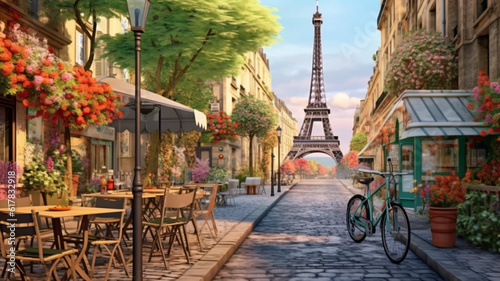 beautiful paint by number of cafe in Paris with the Eiffel tower. Generative AI