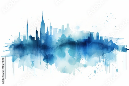 abstract watercolor background, A Captivating Watercolor style Blue Silhouette Illustration of the Stock Market, Set against a White Background, Portraying the Dynamic and Fluid Nature of the Financia