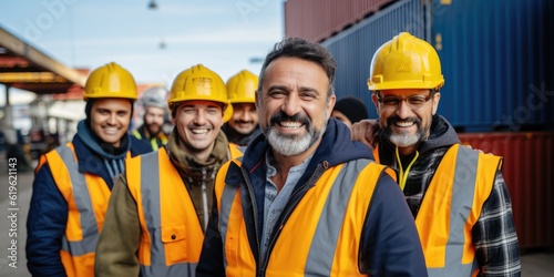 Multiracial smiling workers  having fun inside container cargo terminal at maritime port