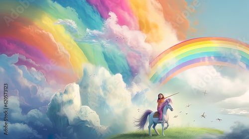  generative AI. Beautifull children draw of rainbow, clouds and unicorn.