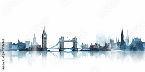 panorama of london pencil, Silhouette of London Skyline in Black-and-White Pencil Drawing, Highlighting Iconic Landmarks like London Eye, Big Ben, and Swiss Re Tower against a Serene White Background