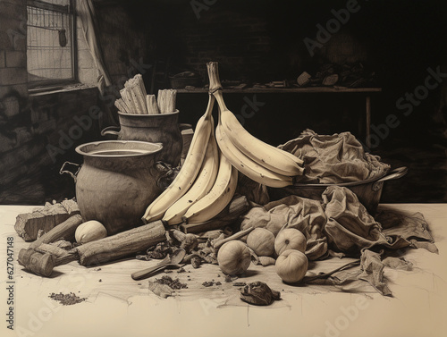 realistic detailed sketch, charcoal on paper, pile of compostable materials: banana peels, apple cores, coffee grounds, eggshells in a rustic kitchen setting
