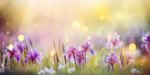 Violet Iris Flowers on a meadow in morning light, copy space. Beautiful Floral Background for greeting card for Birthday, Mother's day, Easter, Women's day, Father's day, Wedding, Holiday