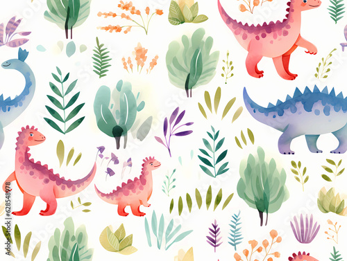 Dinosaur seamless wallpaper background for nursery kids. Colorful dinosaurs wallpaper for children's crafts, scrapbooking, art projects. 
