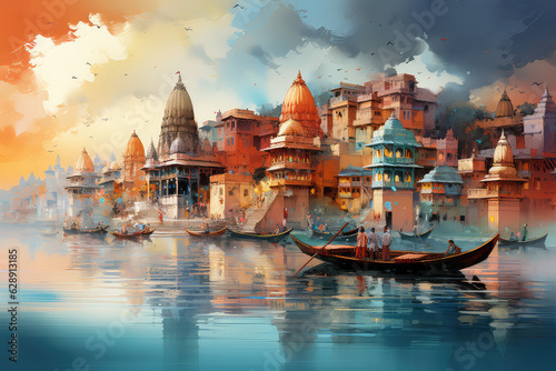oil painting on canvas, Ancient Varanasi city architecture at sunset with view of sadhu baba enjoying a boat ride on river Ganges. India.(ai generated)