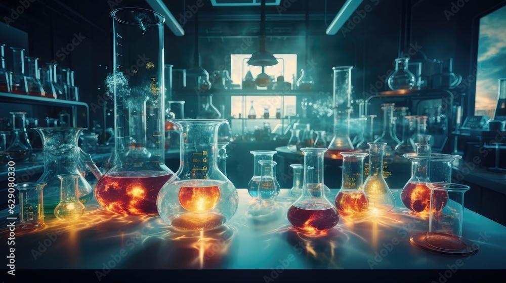 Chemistry Lab With Bubbling Test Tubes And Beakers Generative Ai Stock