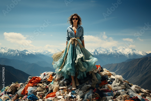 Woman in fashion dress on the large pile stack of textile fabric clothes and shoes. Global climate change, fashion industry pollution, sustainability and reuse cocnept, generative ai