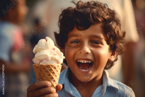 a beautiful cute young indian baby kid child boy model guy holding and eating a gelato ice cream in a cone outside in a city on a sunny summer day. blurred background. Generative AI
