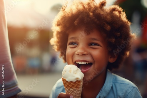 a beautiful cute young black african american baby kid child boy model guy holding and eating a gelato ice cream in a cone outside in a city on a sunny summer day. blurred background. Generative AI
