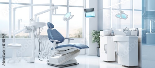 dental office with a dentist chair and equipment is shown with a blurred background and space for