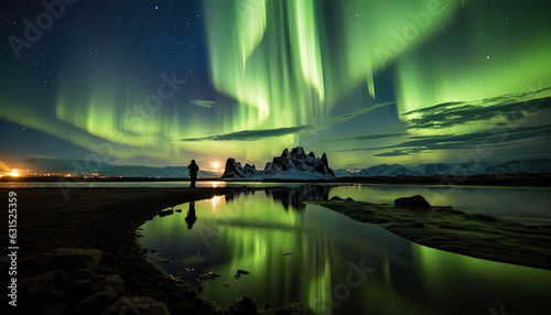 A landscape shot with northern lights at night in the sky, Iceland on the ground and a photographer taking pictures in the distance,,generative ai